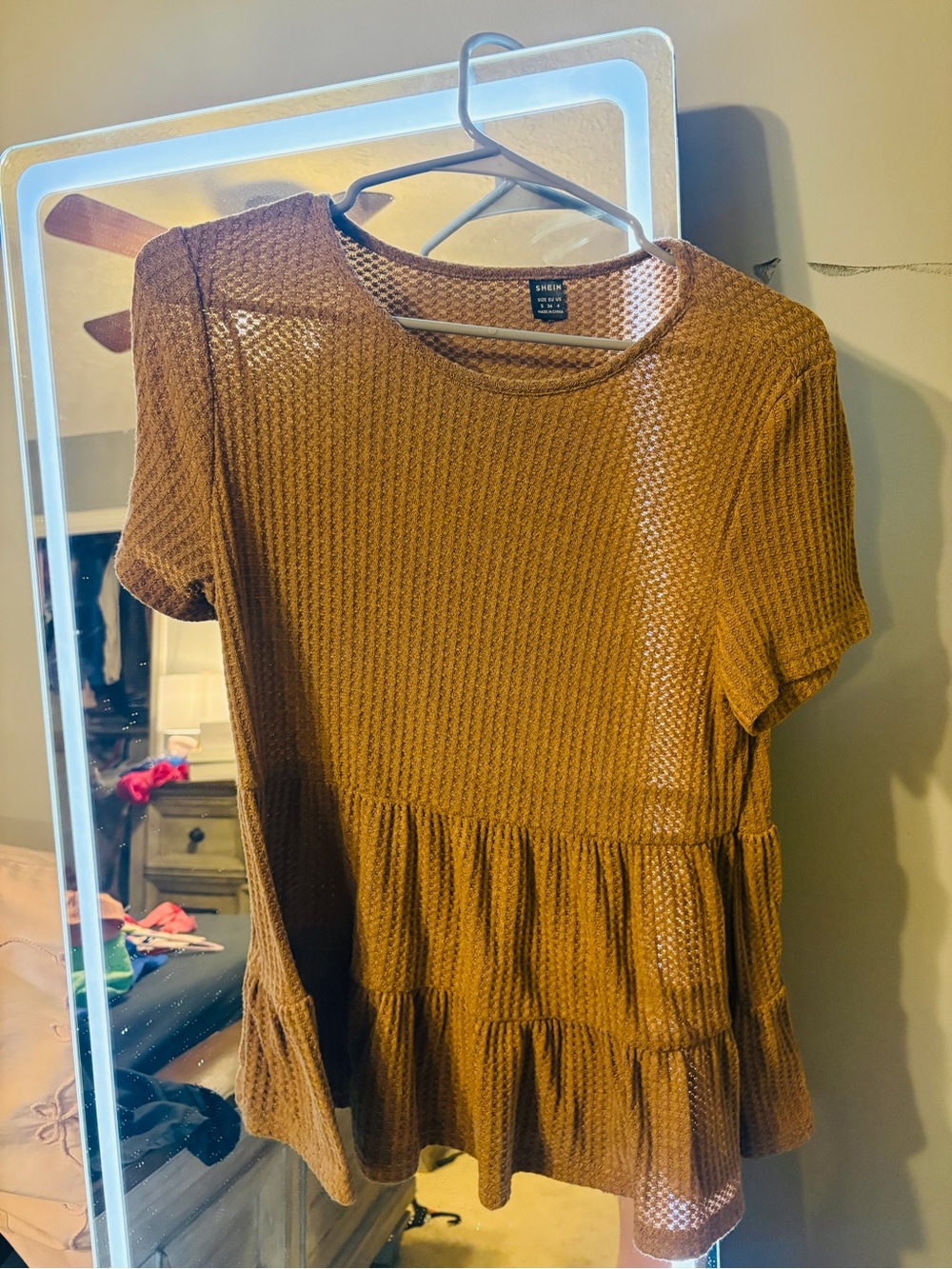 SHEIN Mustard Textured Short Sleeve Peplum Top